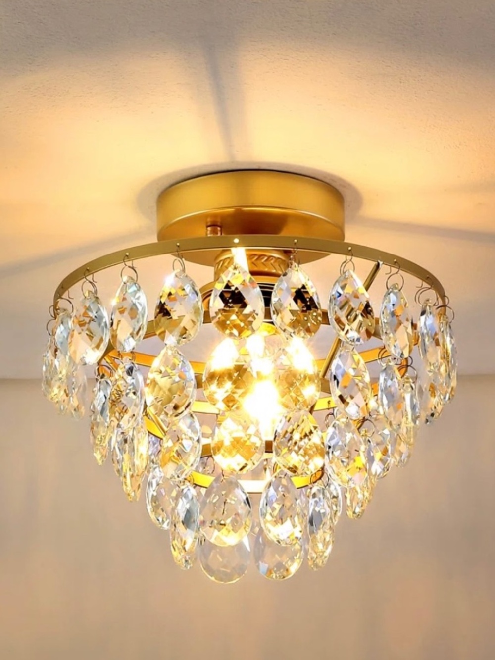 NEW IN BOX – 2 Gold Crystal Flush Mount Light Fixtures / Mini Chandeliers